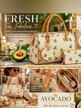 3PC Designer Avocado Check Pattern Boston Bag Satchel Handbag Collection Set